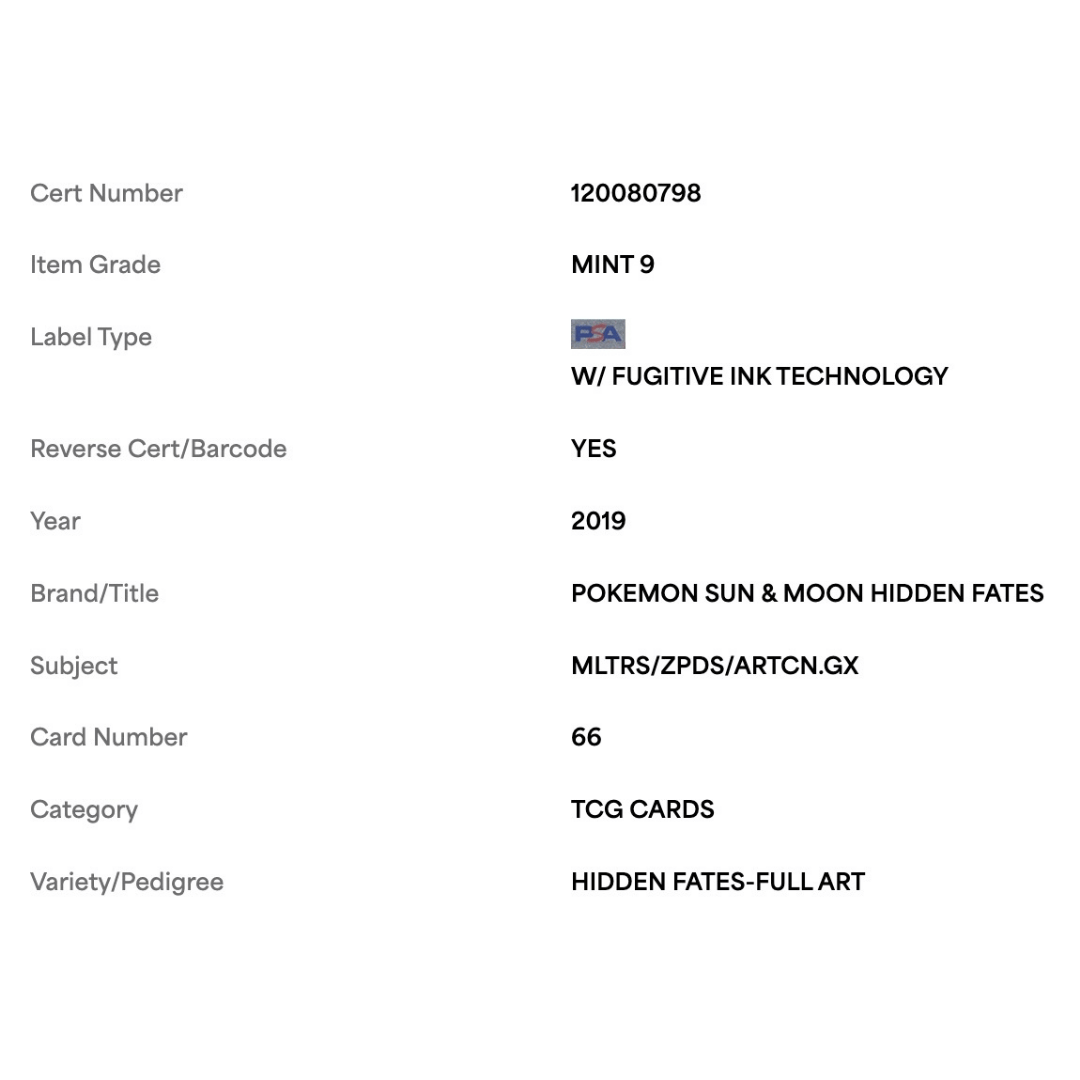 Moltres Zapdos Articuno GX PSA 9 2019 Pokemon Sun & Moon Hidden Fates - Full Art Card #66