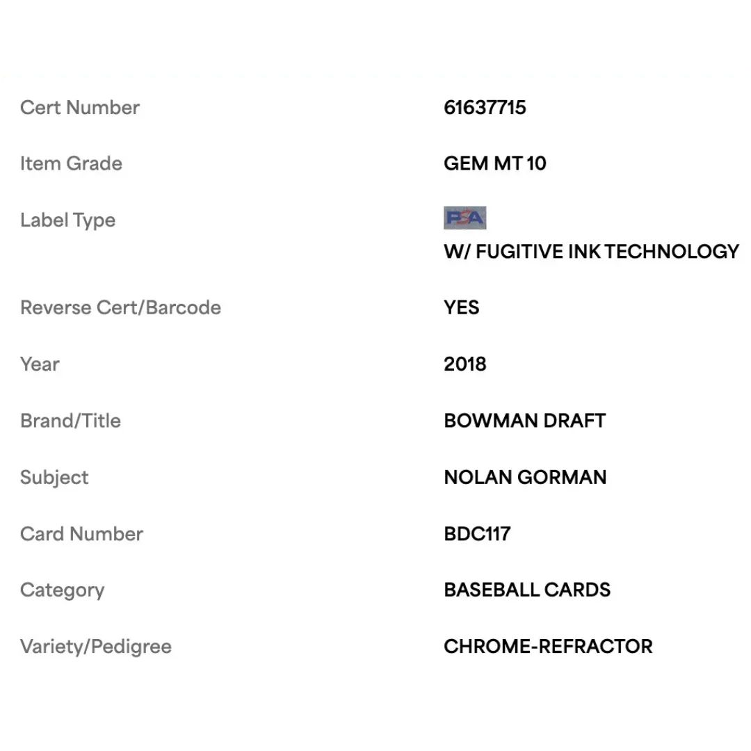 Nolan Gorman PSA 10 2018 Topps Bowman Draft Chrome Refractor Card #BDC117