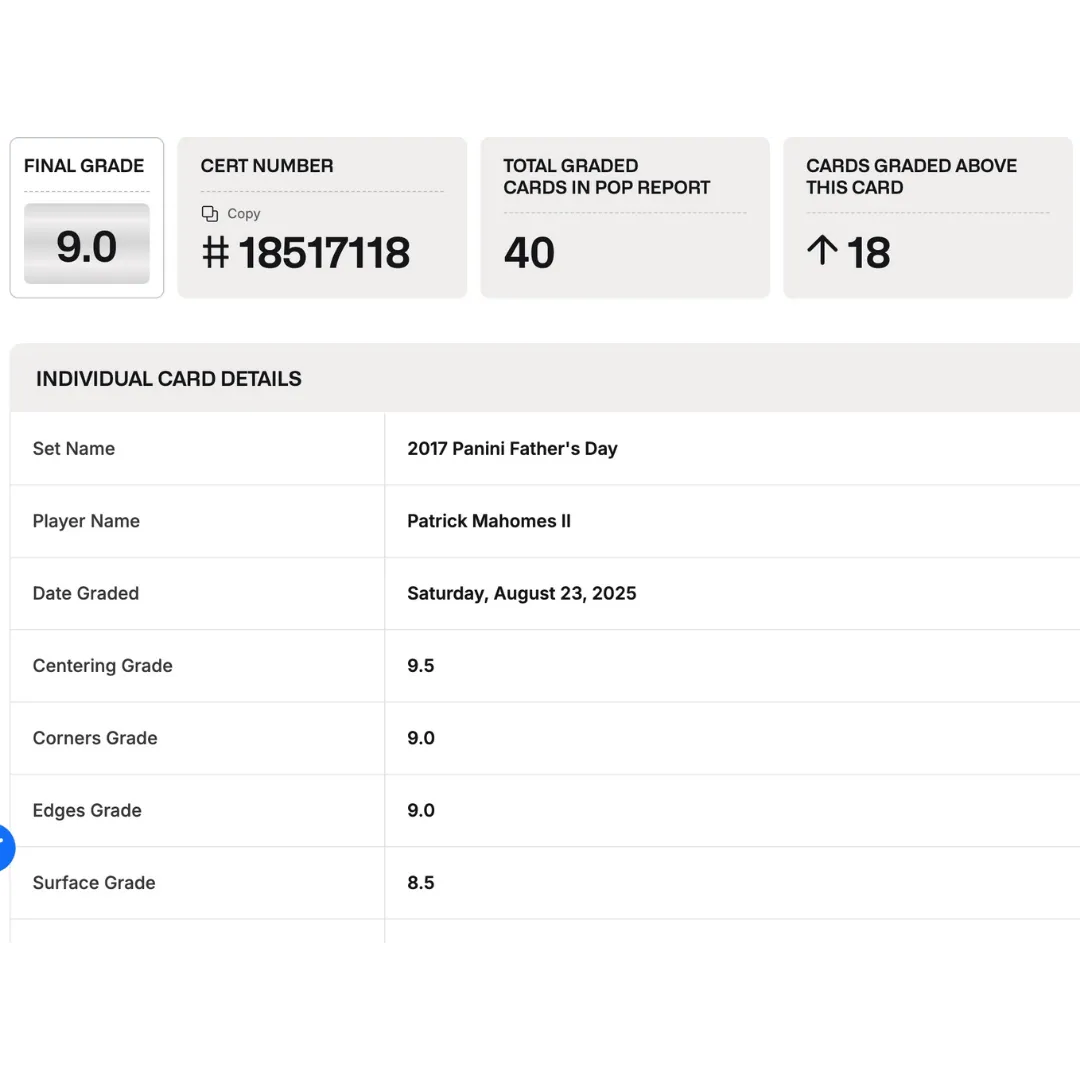 Patrick Mahomes BGS 9 2017 Panini Fathers Day Rookie RC #d/ 499 Card #51