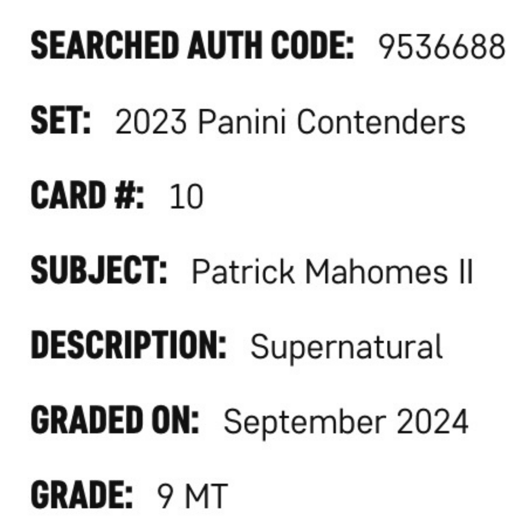 Patrick Mahomes SGC 9 2023 Panini Contenders Supernatural Card #10
