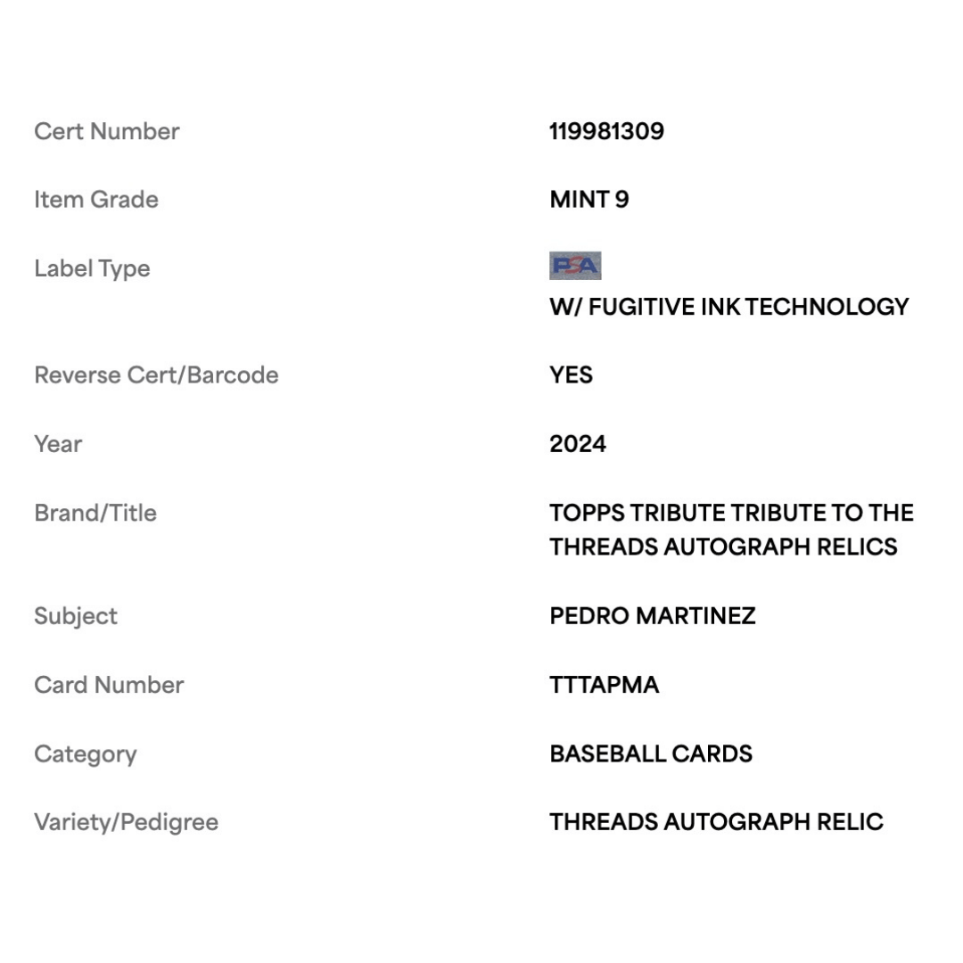 Pedro Martinez PSA 9 2024 Topps Tribute Threads Autograph Relic Card #TTTAPMA