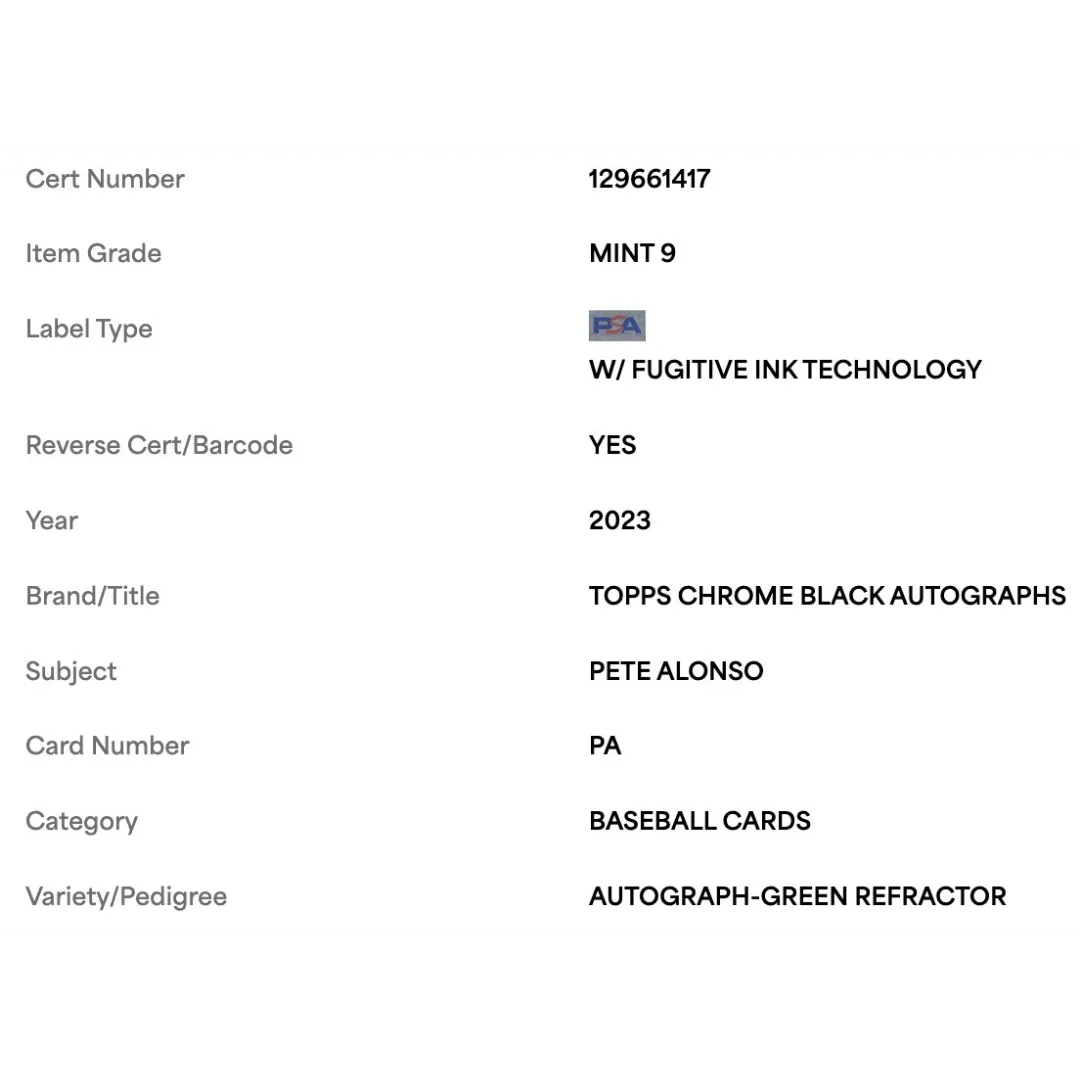 Pete Alonso PSA 9 2023 Topps Bowman Chrome Black Autograph Green Refractor #d/ 99 Card #PA