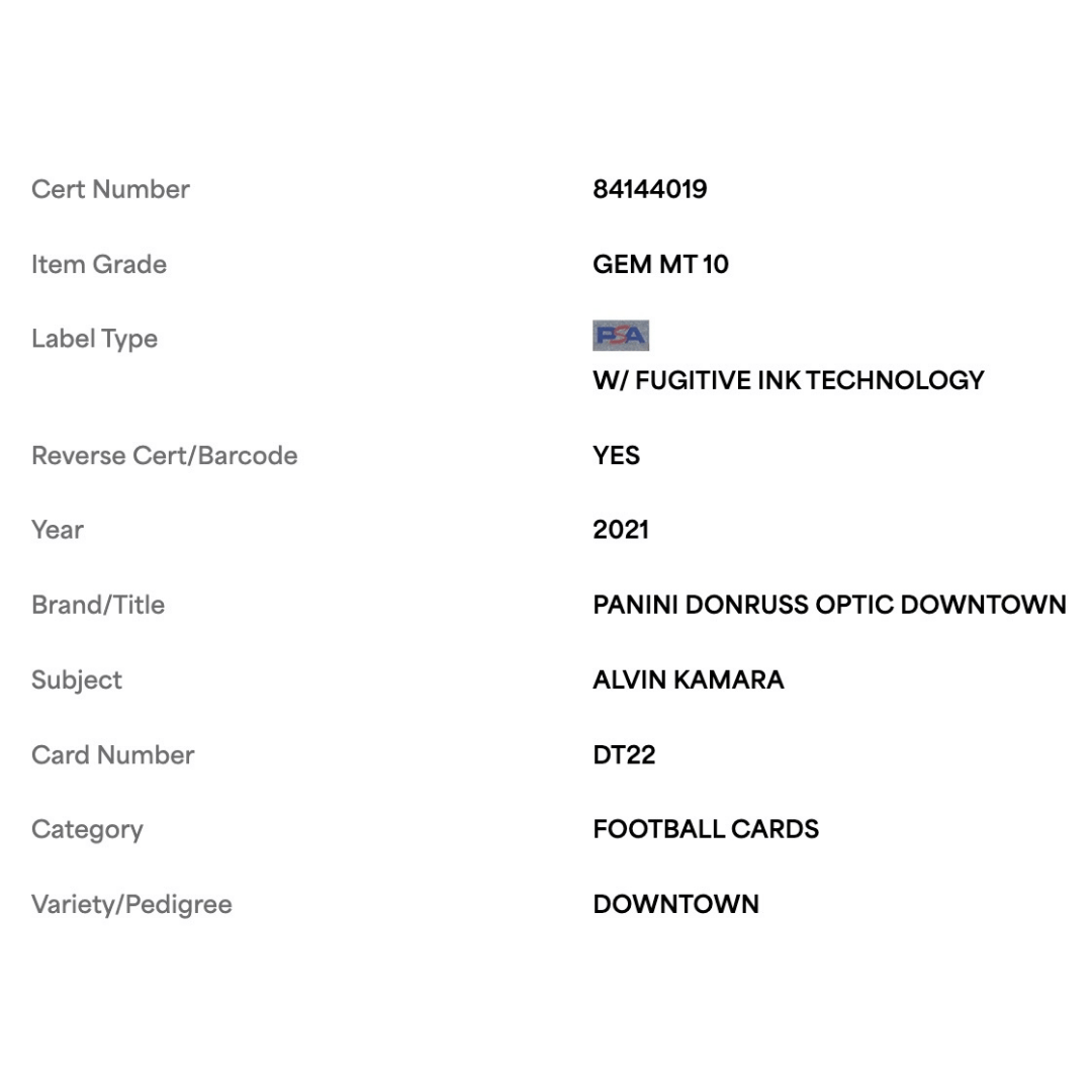 Alvin Kamara PSA 10 2021 Panini Donruss Optic Downtown! Card #DT22