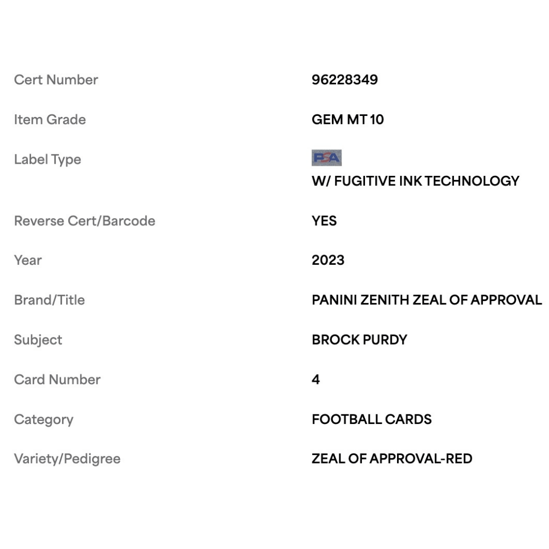 Brock Purdy PSA 10 2023 Panini Zenith Zeal of Approval Red Card #4