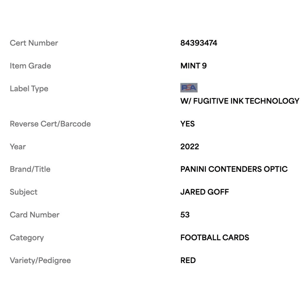 Jared Goff PSA 9 2022 Panini Contenders Optic Red #d/ 175 Card #53