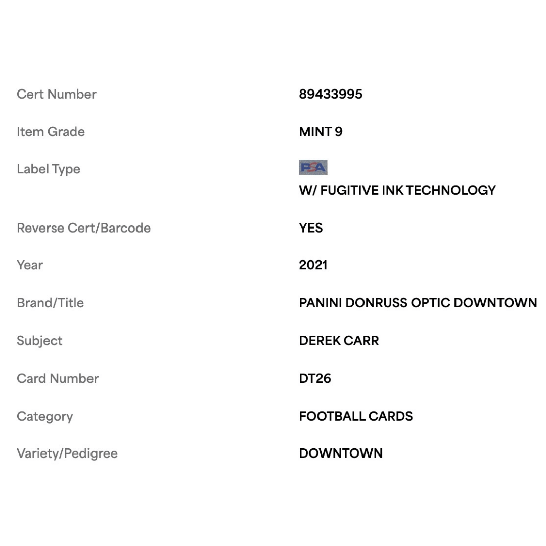 Derek Carr PSA 9 2021 Panini Donruss Optic Downtown Card #DT26