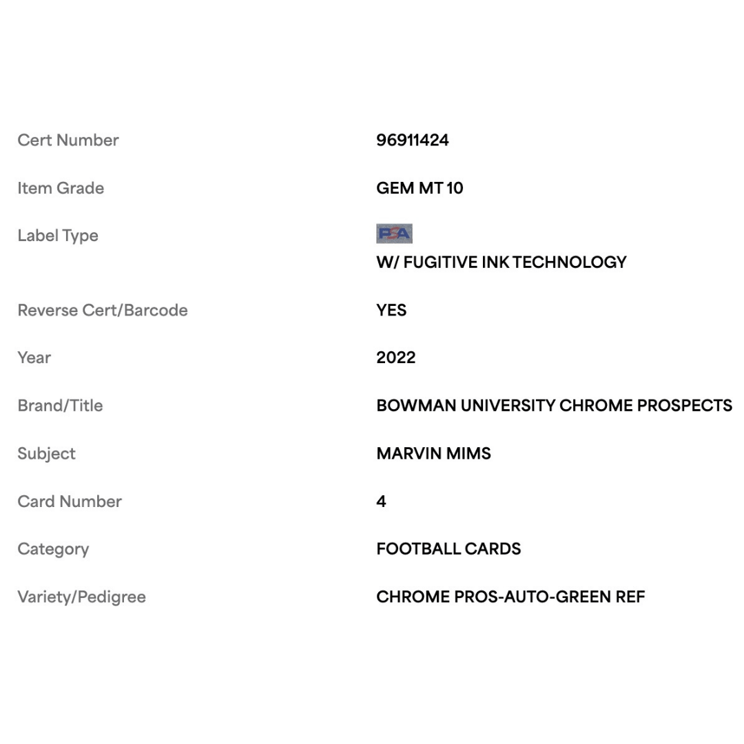 Marvin Mims PSA 10 2022 Topps Bowman University Chrome Prospects Autograph Green Refractor #d/ 99 Card #4