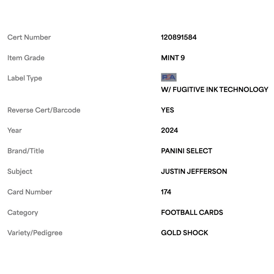 Justin Jefferson PSA 9 2024 Panini Select Gold Shock #d/ 10 Card #174