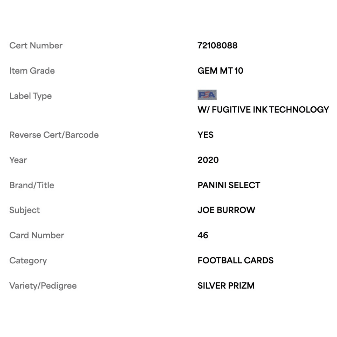 Joe Burrow PSA 10 2020 Panini Select Silver Prizm Rookie RC Card #46