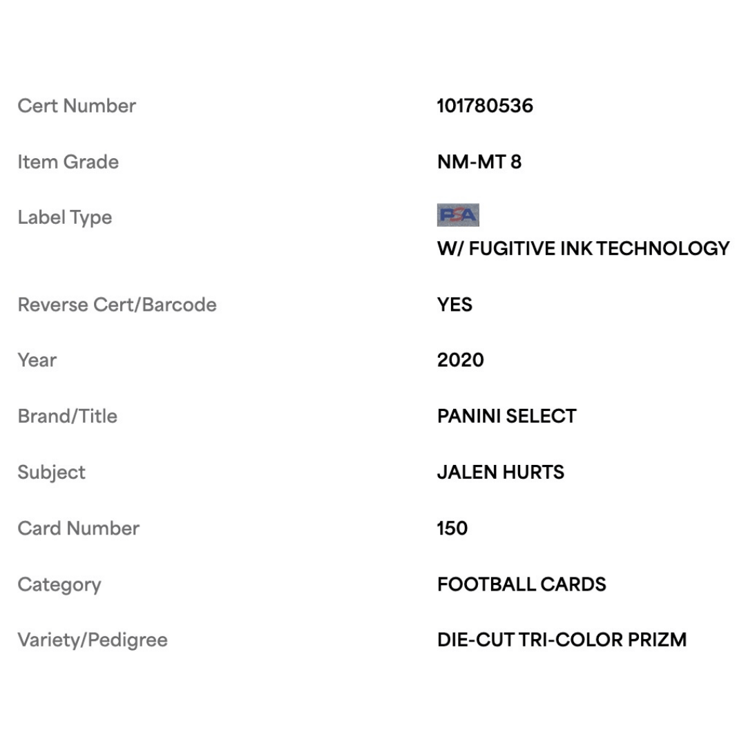 Jalen Hurts PSA 8 2020 Panini Select Die Cut Tri Color Prizm Rookie RC Card #150