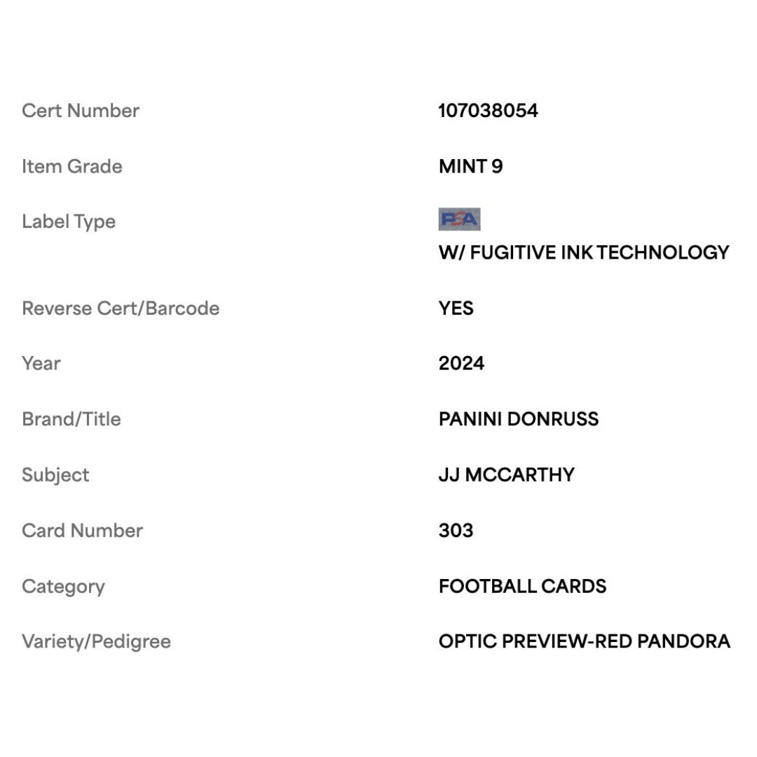 J.J. McCarthy PSA 9 2024 Panini Donruss Optic Preview Red Pandora Card #303