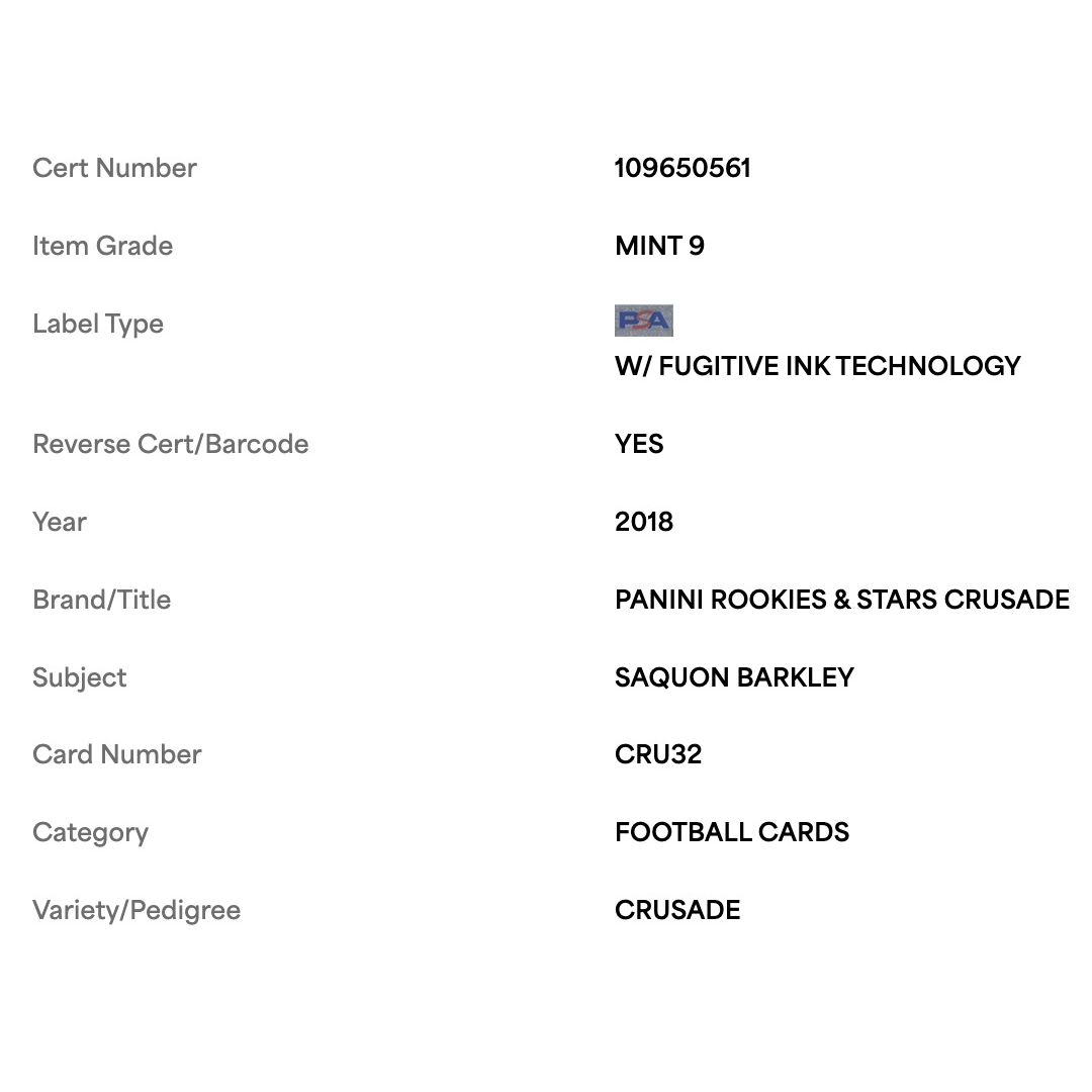 Saquon Barkley PSA 9 2018 Panini Rookies & Stars Crusade Card #CRU32