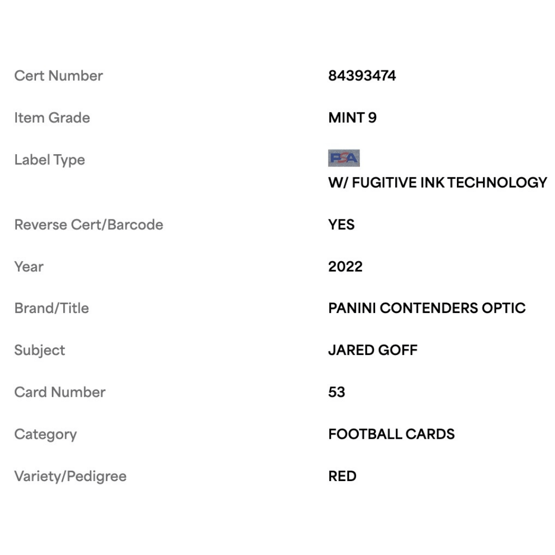 Jared Goff PSA 9 2022 Panini Contenders Optic Red #d/ 175 Card #53