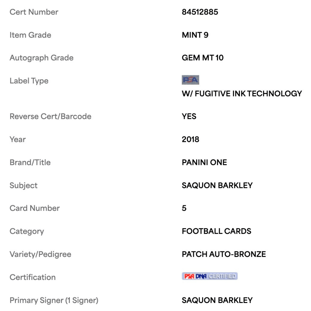 Saquon Barkley PSA 9 2018 Panini One Patch Autograph Bronze #49/ 49 Card #5