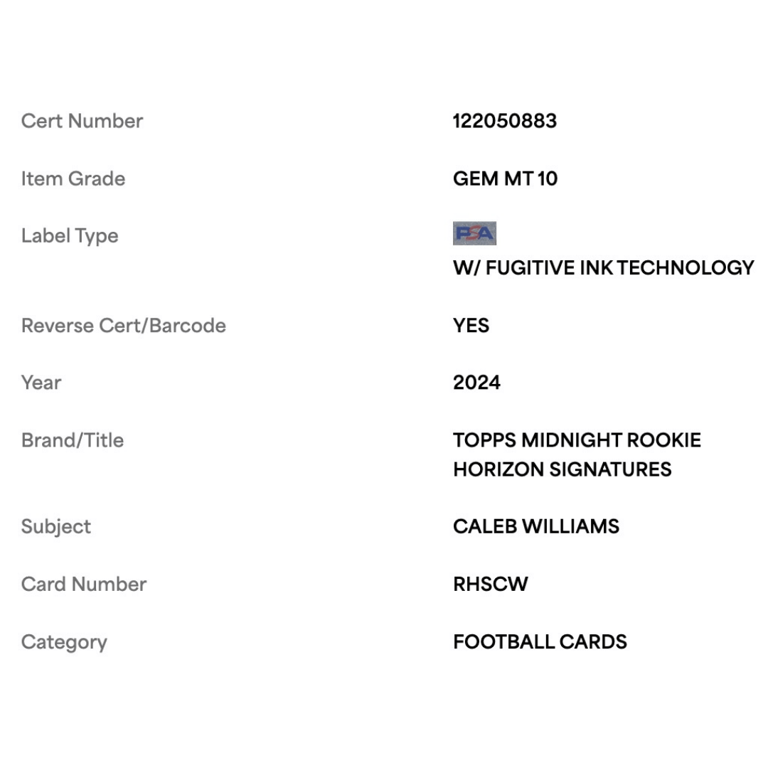Caleb Williams PSA 10 2024 Topps Midnight Rookie Horizons Signature Card #RHSCW