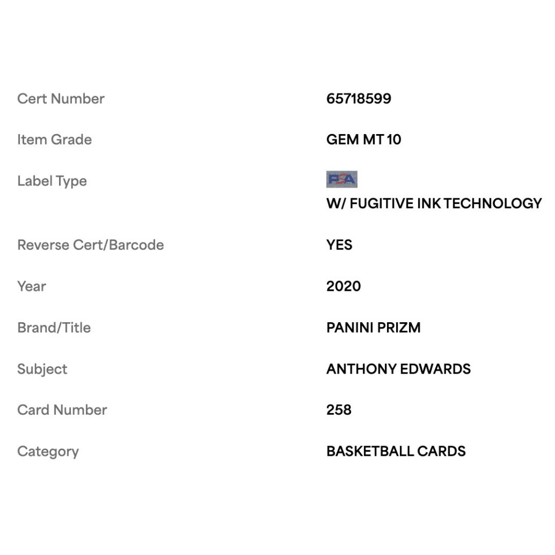 Anthony Edwards PSA 10 2020 Panini Prizm Rookie RC Card #258