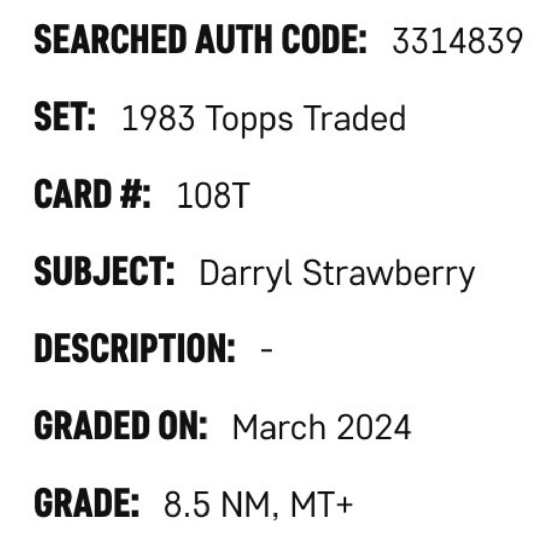 Darryl Strawberry SGC 8.5 1983 Topps Traded Rookie RC Card #108T