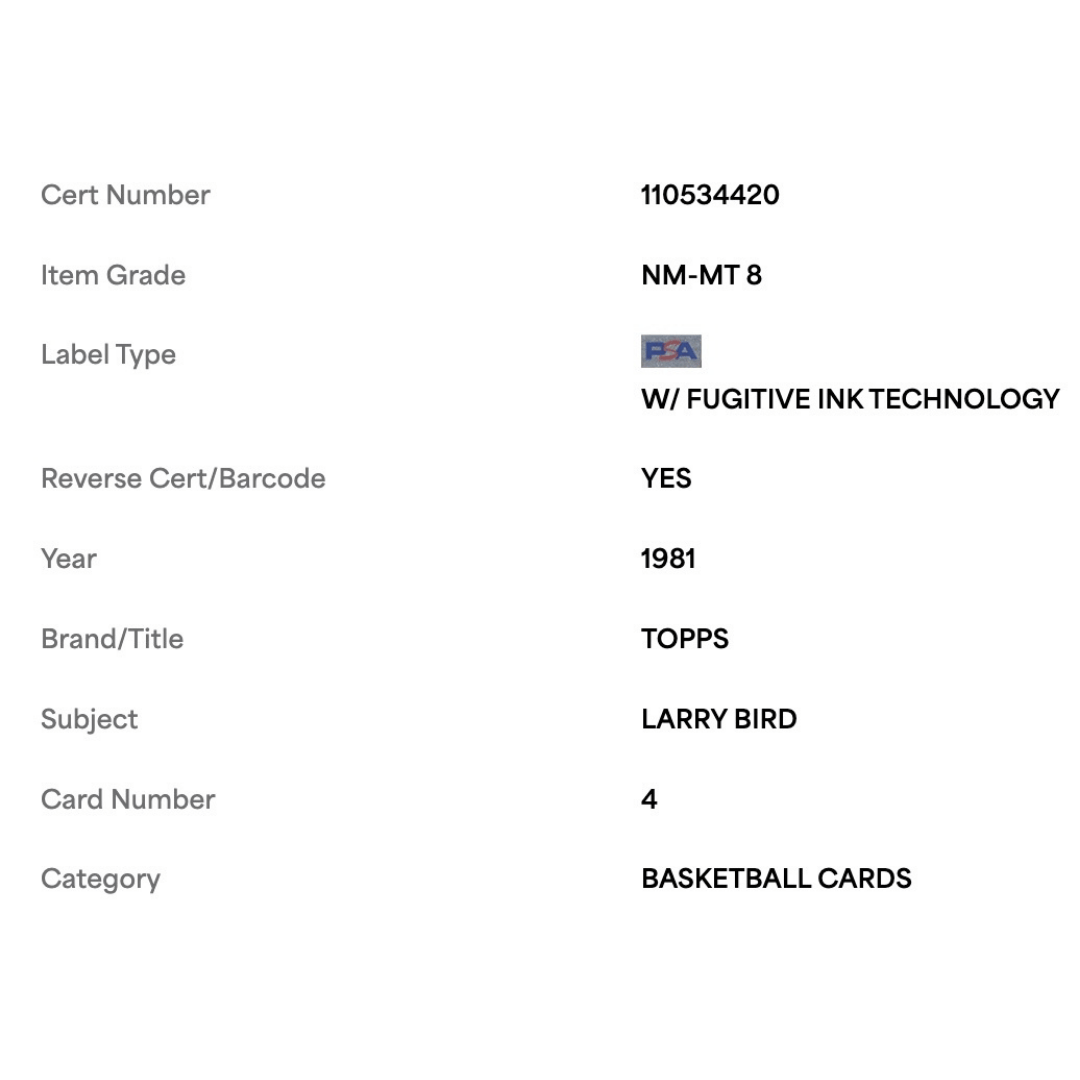 Larry Bird PSA 8 1981 Topps Card #4