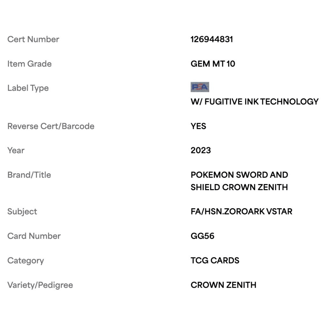 Hisuian Zoroark VSTAR PSA 10 2023 Pokemon Sword & Shield Crown Zenith Card #GG56