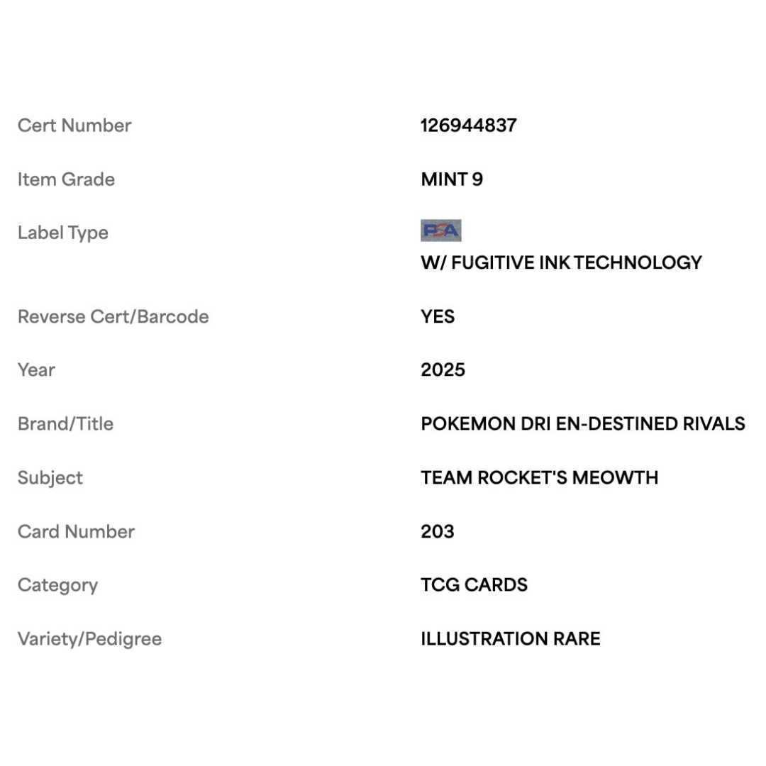 Team Rocket's Meowth PSA 9 2025 Pokemon DRI EN Illustration Rare Card #203