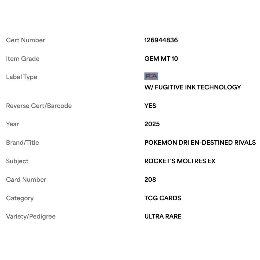 Rocket's Moltres ex PSA 10 2025 Pokemon DRI EN Ultra Rare Card #208