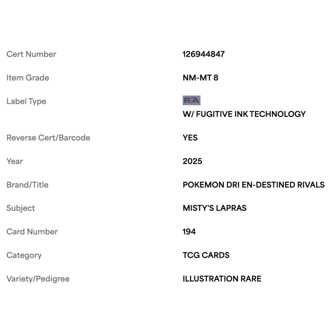 Misty's Lapras PSA 8 2025 Pokemon DRI EN Illustration Rare Card #194