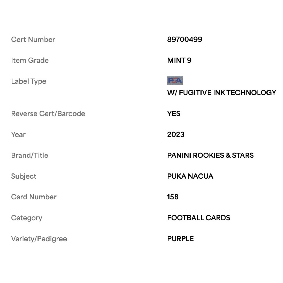 Puka Nacua PSA 9 2023 Panini Rookies & Stars Purple Rookie RC #d/199 Card #158