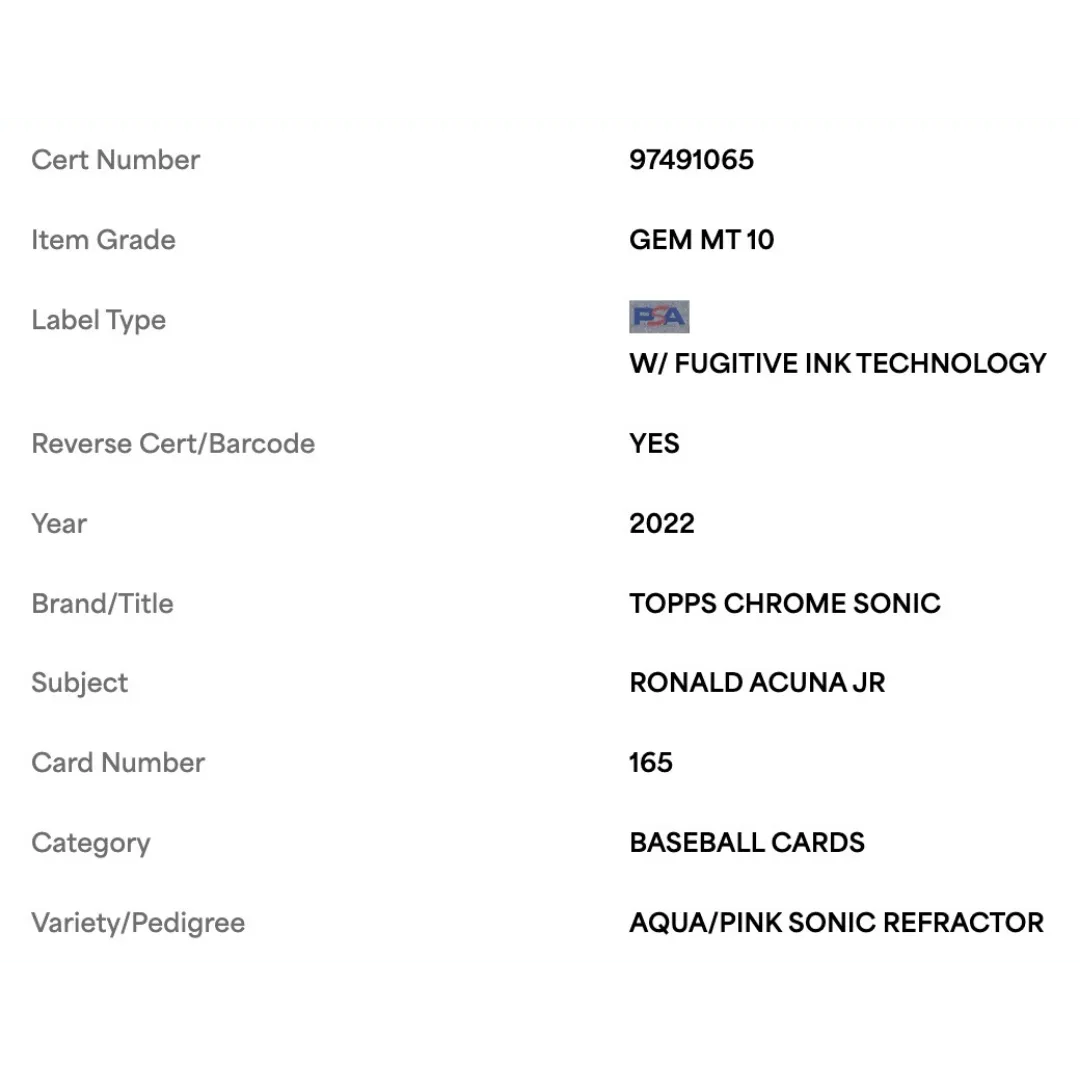 Ronald Acuna Jr PSA 10 2022 Topps Chrome Sonic Aqua/ Pink Sonic Refractor #d/ 199 Card #165