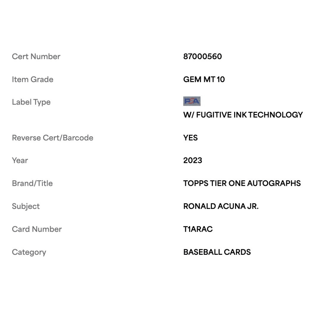 Ronald Acuna Jr PSA 10 2023 Topps Certified Tier One Autograph #d/75 Card #T1ARAC