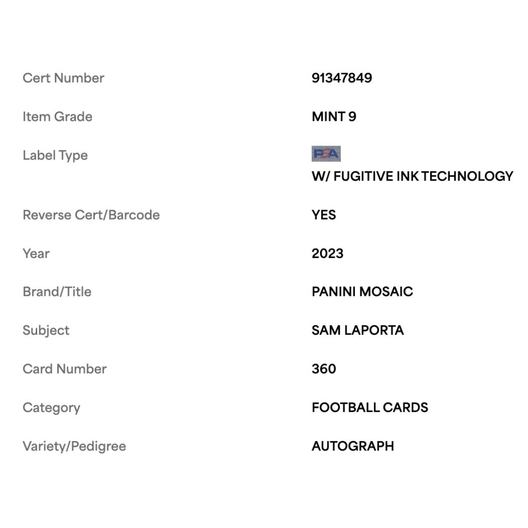 Sam LaPorta PSA 9 2023 Panini Mosaic Autograph Rookie RC Card #360