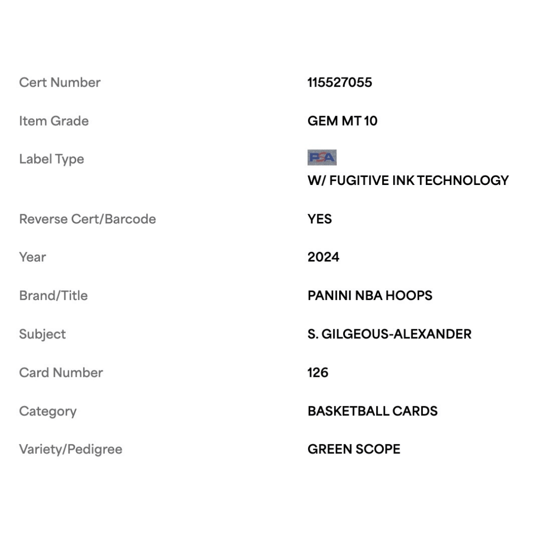 Shai Gilgeous-Alexander PSA 10 2024 Panini Hoops Green Scope #d/ 8 Card #126