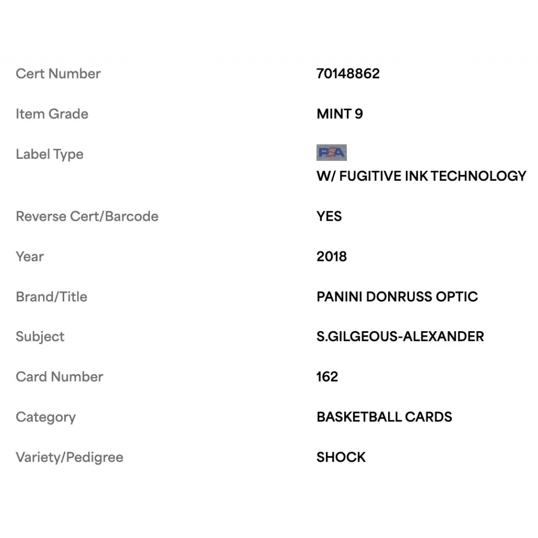 Shai Gilgeous-Alexander PSA 9 2018 Panini Donruss Optic Shock Rated Rookie Card #162