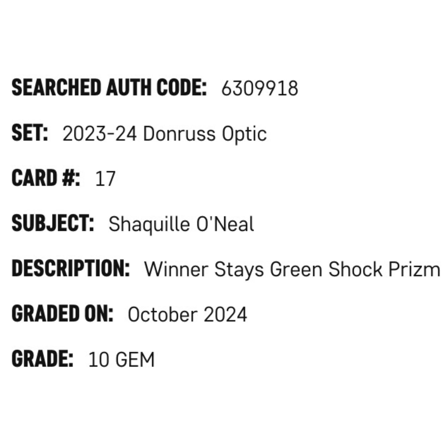 Shaquille O'Neal SGC 10 2023-24 Panini Donruss Optic Green Shock Prizm Card #17
