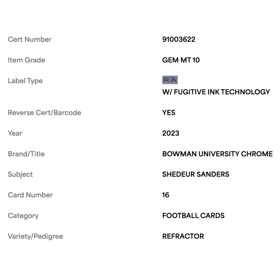 Shedeur Sanders PSA 10 2023 Topps Bowman University Chrome Refractor Card #16