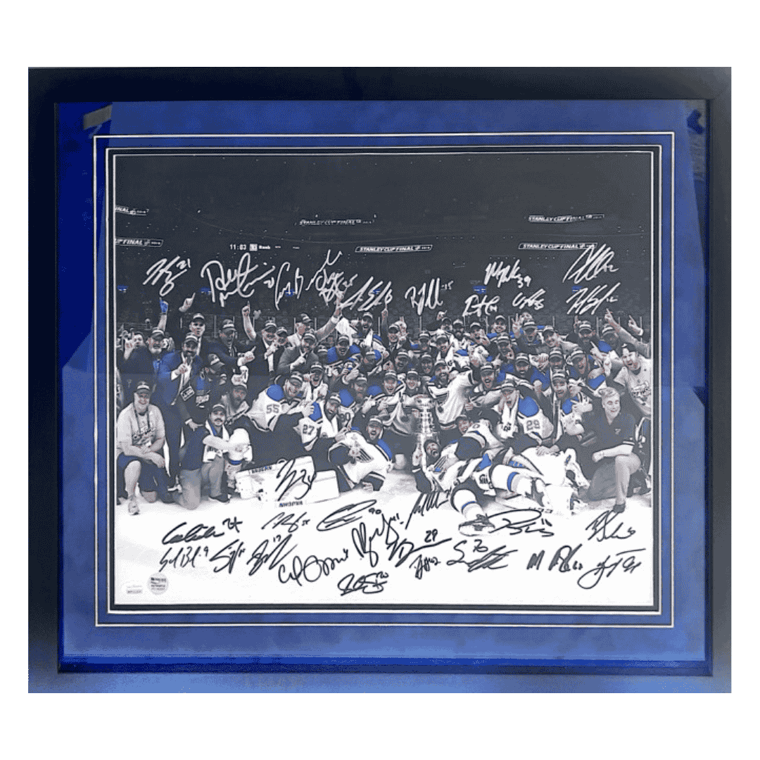 St Louis Blues 2019 Stanley Cup Champs On Ice Celebration Team Autographed Framed 16x20 - 29 Autographs - Fan Cave & JSA COA