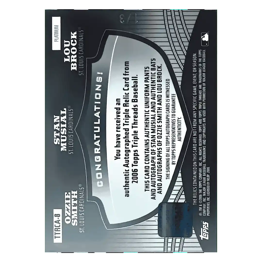 Stan Musial/ Ozzie Smith/ Lou Brock 2006 Topps Triple Threads Autographed Triple Relic #1/ 3 Card #TTRCA-8