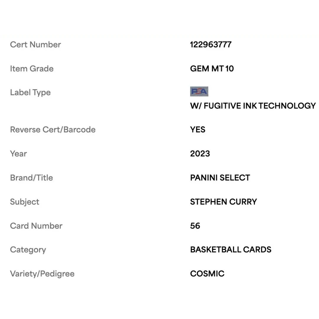 Steph Curry PSA 10 2023 Panini Select Cosmic SSP Card #56