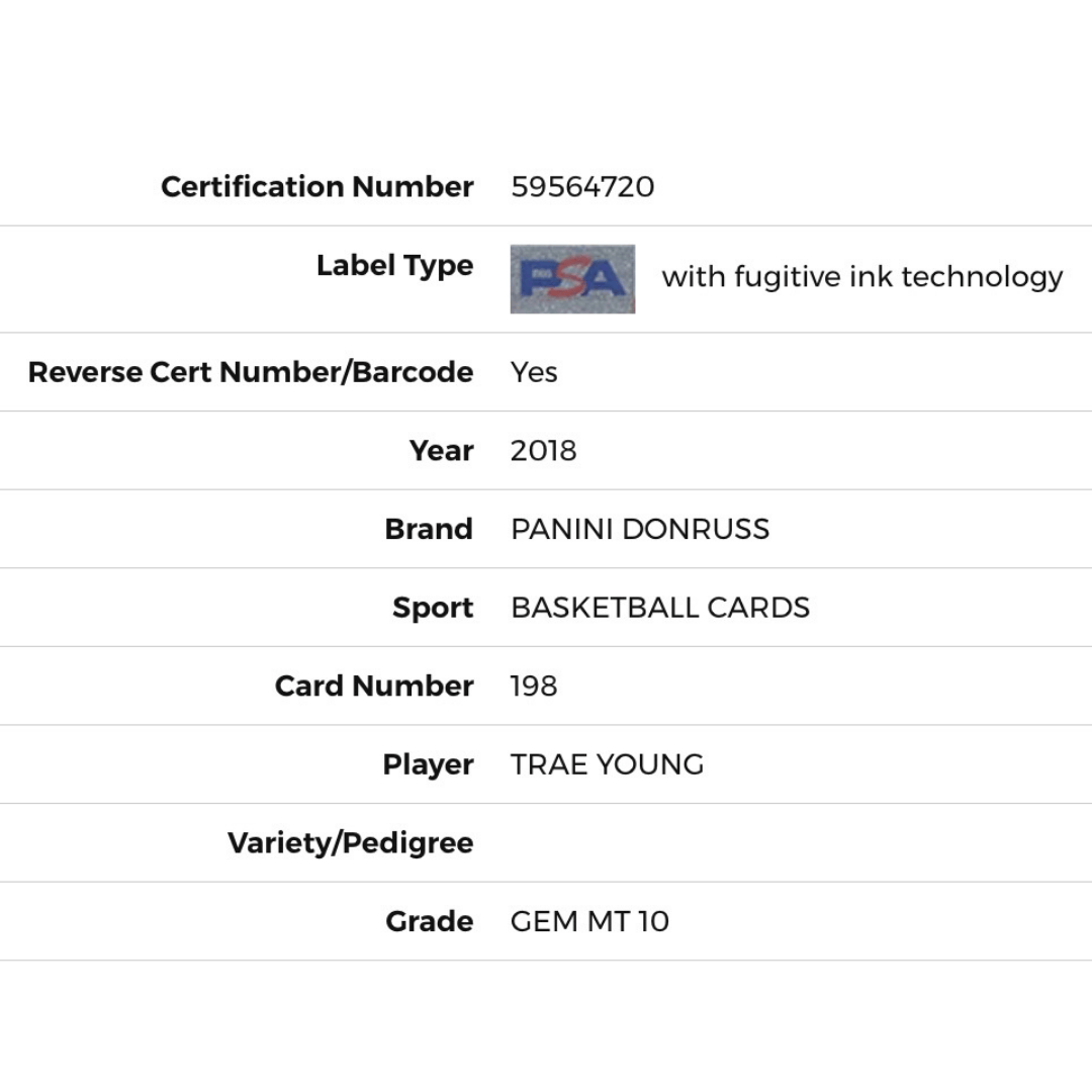 Trae Young PSA 10 2018 Panini Donruss Rated Rookie Card #198