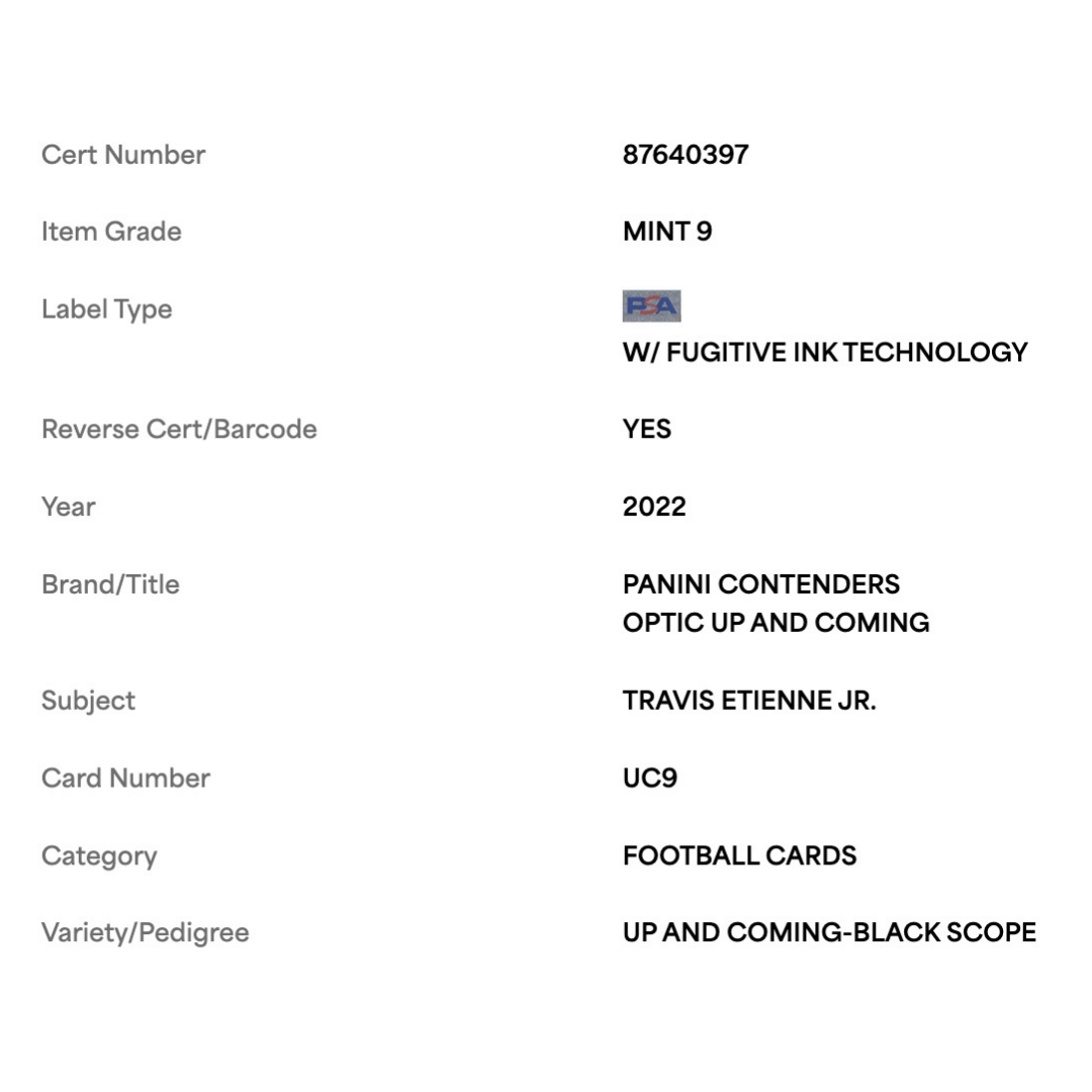 Travis Etienne Jr PSA 9 2022 Panini Contenders Optic Up and Coming Black Scope #d/ 25 Card #UC9