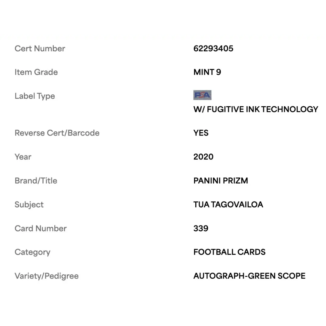 Tua Tagovailoa PSA 9 2020 Panini Prizm Autograph Green Scope Rookie RC #d/ 75 Card #339