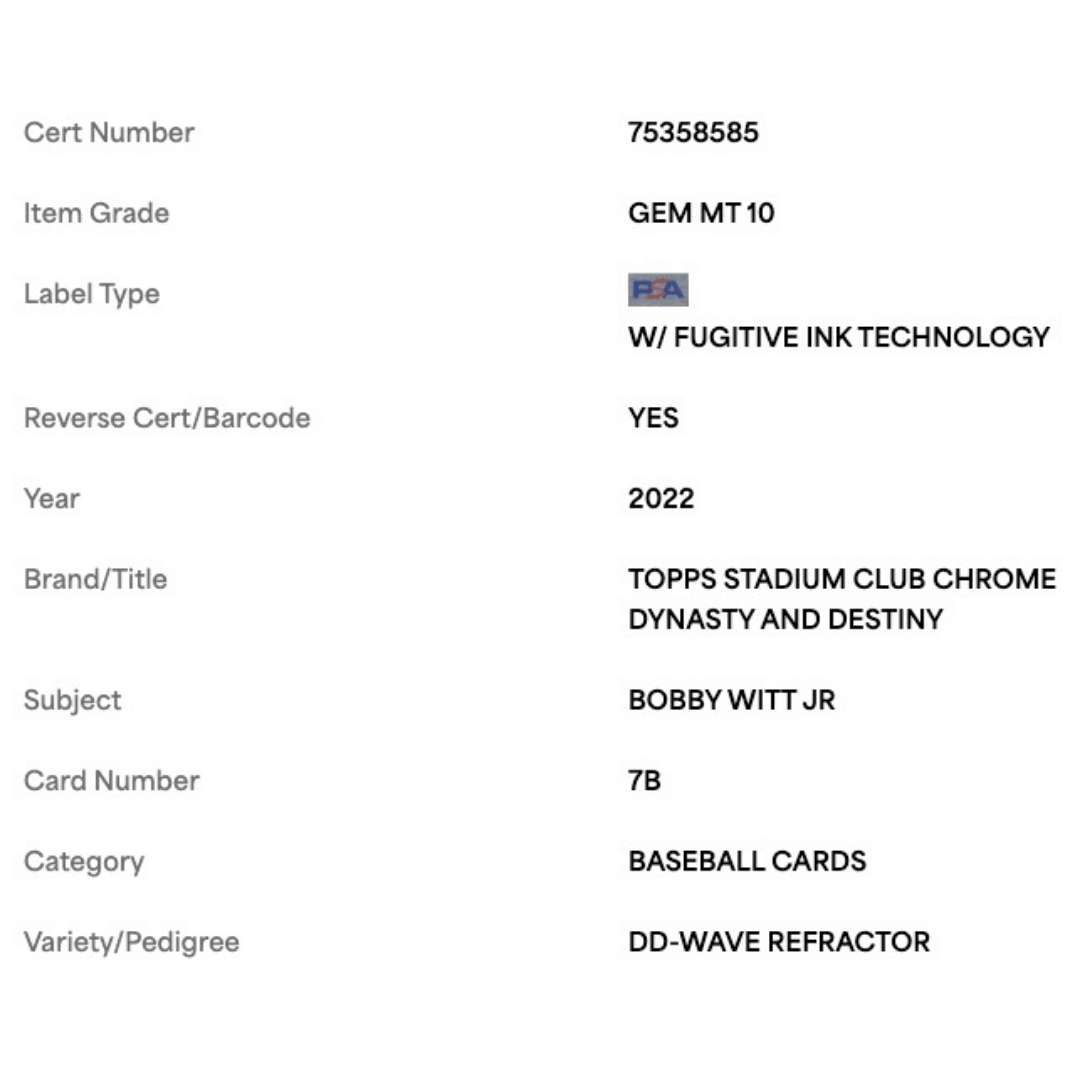 Bobby Witt Jr PSA 10 2022 Topps Stadium Club Chrome Dynasty & Destiny Wave Refractor Card #7B