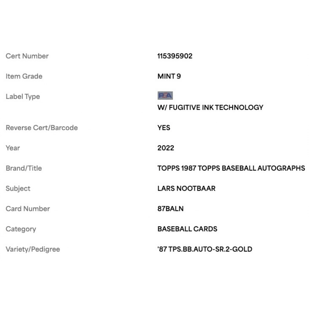 Lars Nootbaar PSA 9 2022 Topps '87 Topps Certified Autograph Issue Rookie RC #d/ 50 Card #87BALN