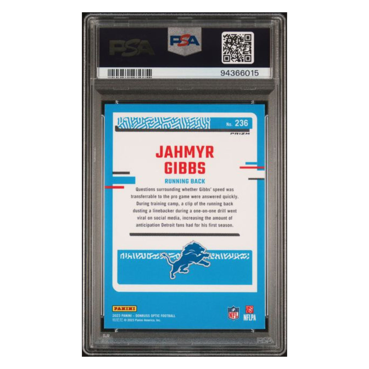 Jahmyr Gibbs PSA 9 2023 Panini Donruss Optic Blue Glitter Rated Rookie Card #236
