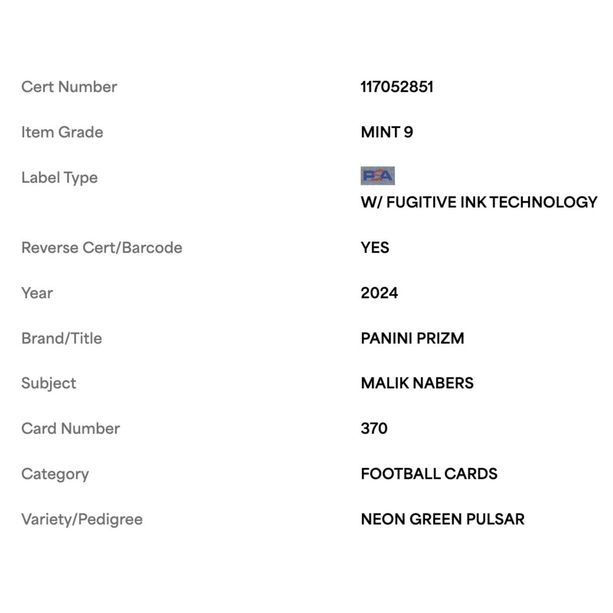 Malik Nabers PSA 9 2024 Panini Prizm Neon Green Pulsar Rookie RC Card #370