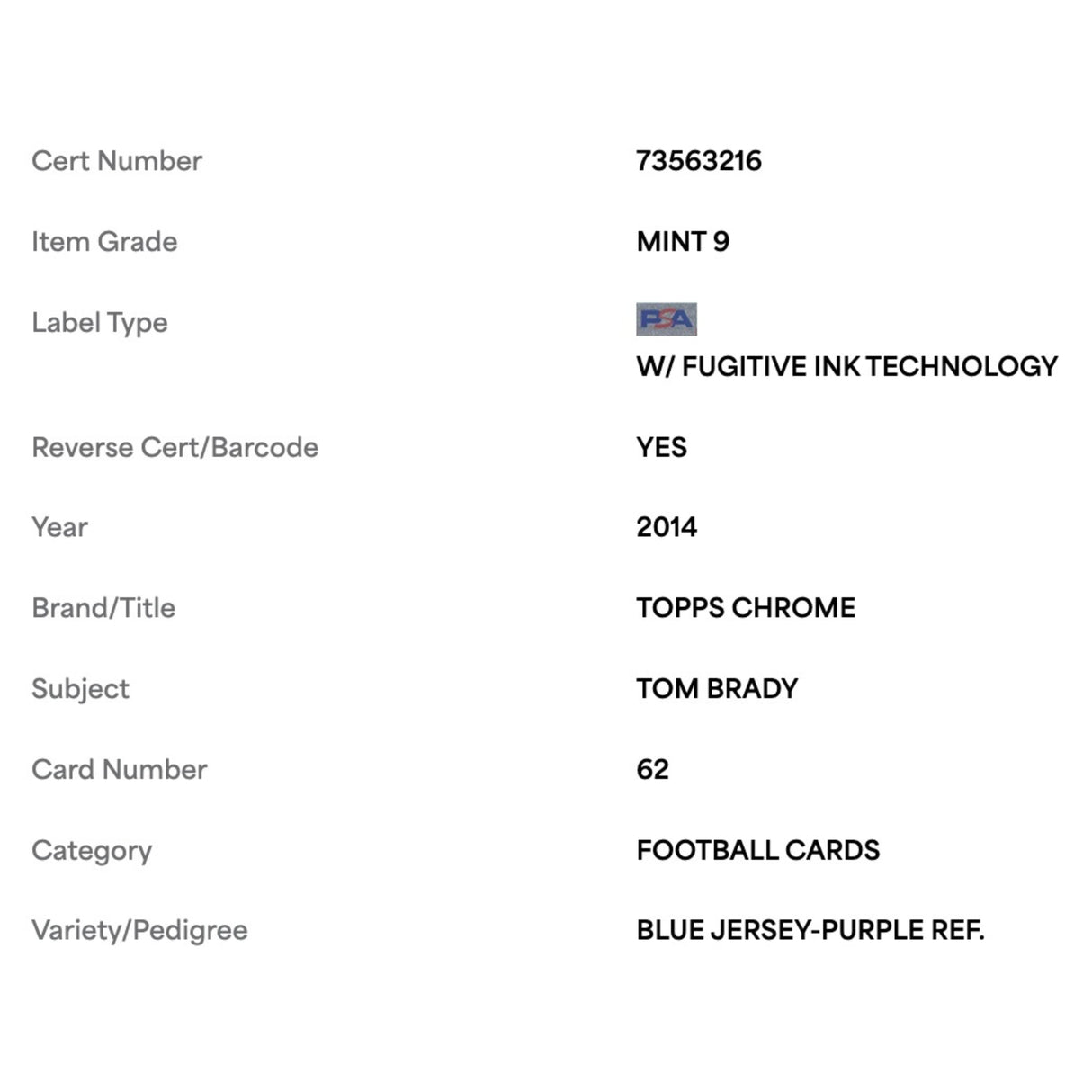 Tom Brady PSA 9 2014 Topps Chrome Blue Jersey Purple Refractor Card #62