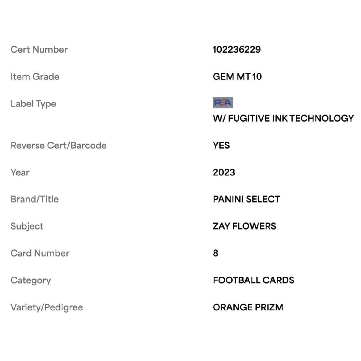 Zay Flowers PSA 10 2023 Panini Select Orange Prizm Rookie RC #d/ 49 Card #8