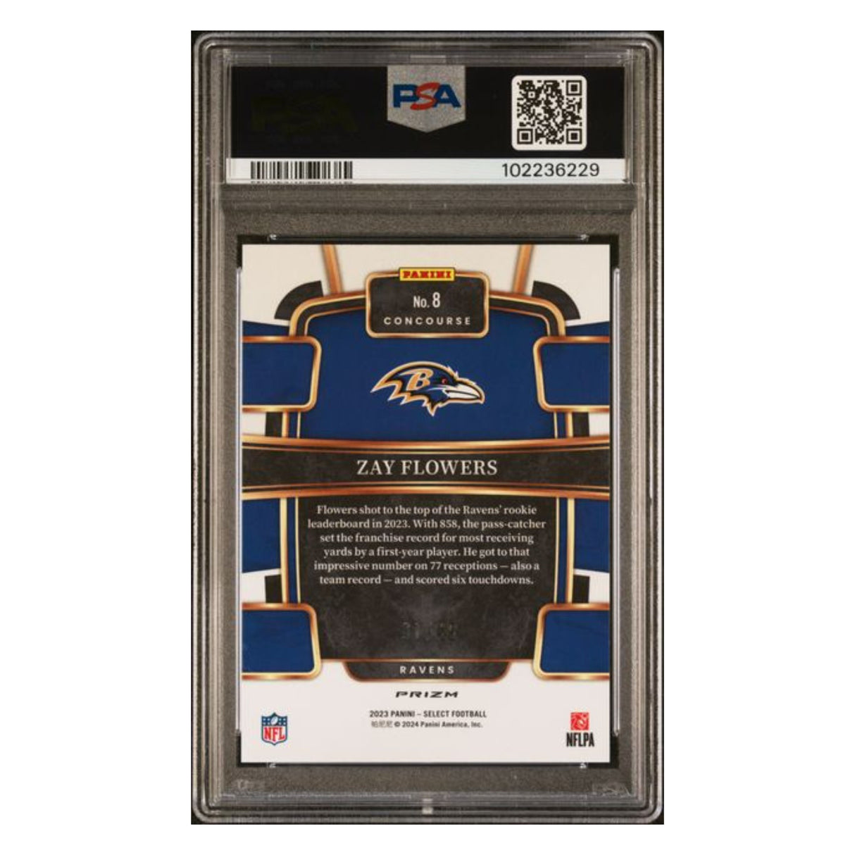 Zay Flowers PSA 10 2023 Panini Select Orange Prizm Rookie RC #d/ 49 Card #8