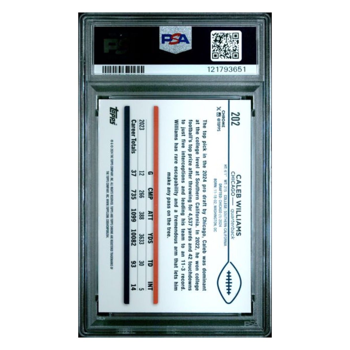 Caleb Williams PSA 10 2024 Topps Chrome Rookie RC Card #202