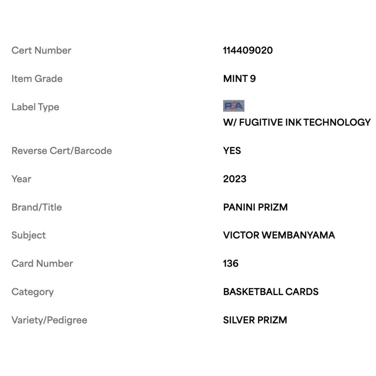 Victor Wembanyama PSA 9 2023 Panini Prizm Silver Prizm Rookie RC Card #203