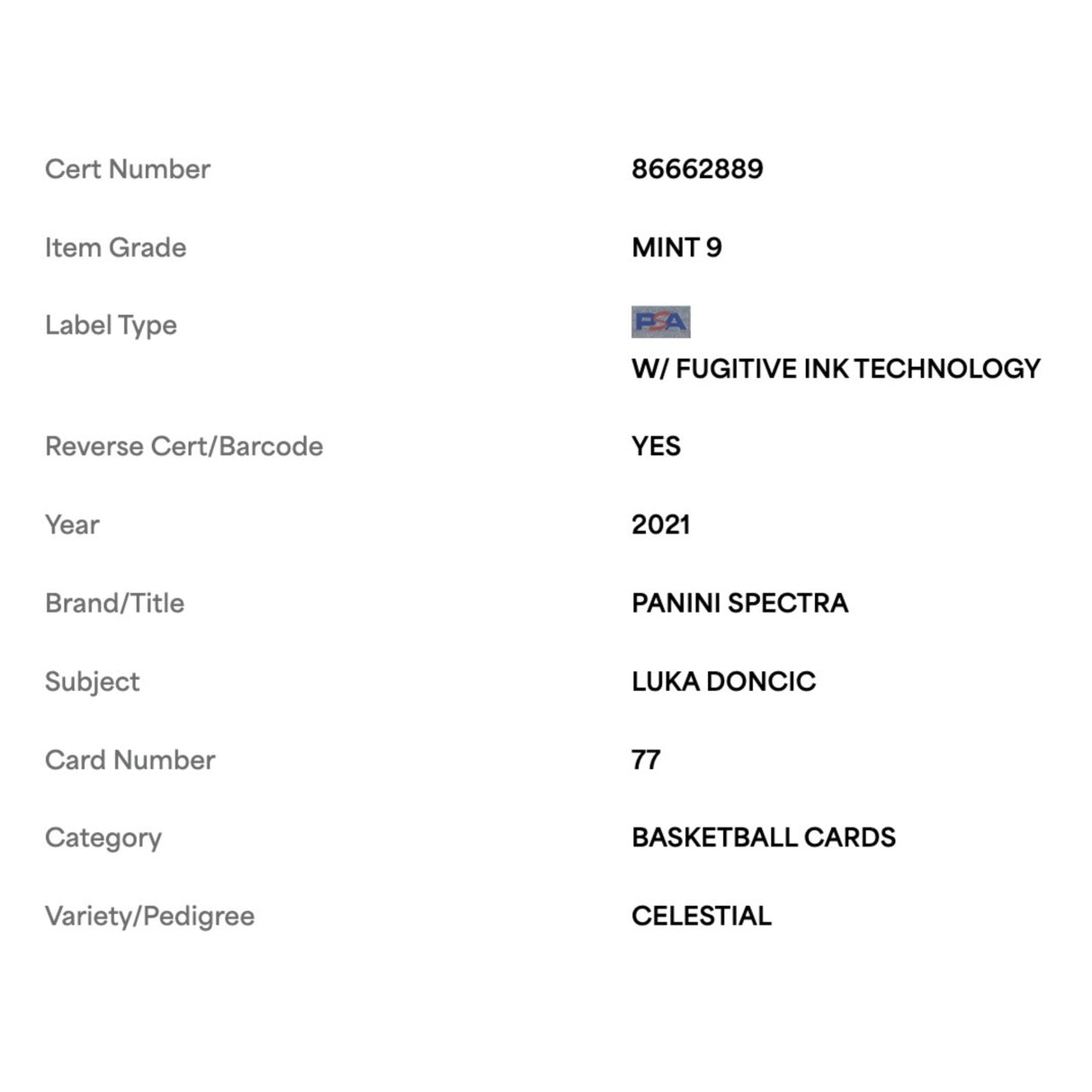 Luka Doncic PSA 9 2021 Panini Spectra Celestial #d/ 99 Card #77